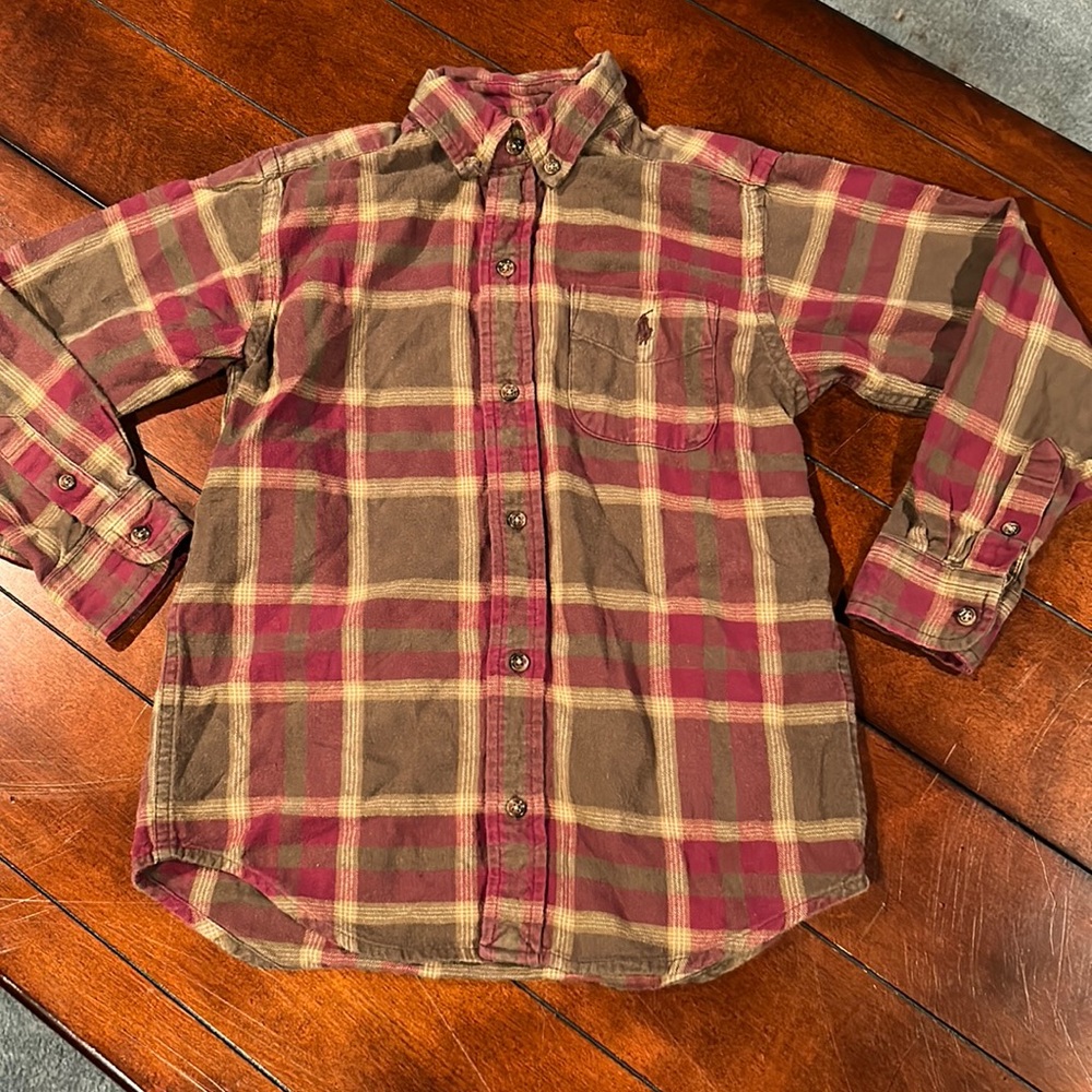 Polo Ralph Lauren Brushed 100% Cotton Plaid Button Down Brown Maroon Size 7